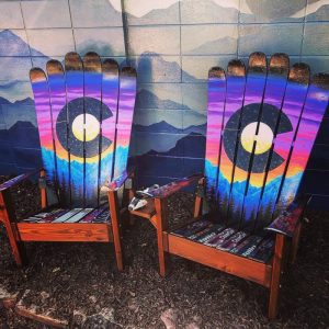 Adirondack Ski Chairs with Colorado Sunset Mountain Mural - Set of 2