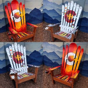 Aspen Colorado Ski Chairs with Repurposed Skis and Hand Painted Colorado Flag - Set of 4