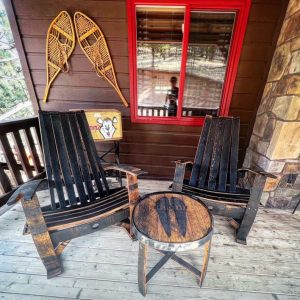 Whiskey Barrel Adirondack Chairs with Matching Side Table - Set of 3