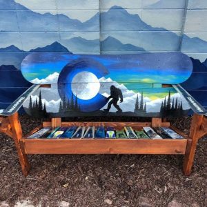 Adirondack Snowboard Bench with Bigfoot, Northern Lights, and Moon Mural