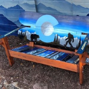 Adirondack Snowboard Bench with Bigfoot, Bear, and Blue Sky Mural