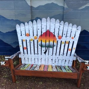 Ski Bench with Aspen Sunset Mountain Mural and Falling Leaves
