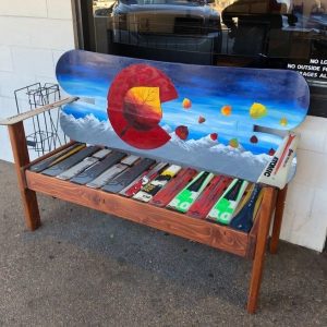 Aspen Leaf Sunset Mountain Mural with Falling Leaves Snowboard Bench