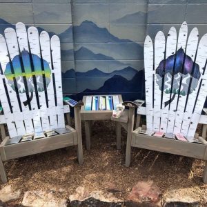 Adirondack Ski Chairs and matching Ski Side Table with Grey Aspen Northern Lights & Milky Way Mountain Mural - Set of 3