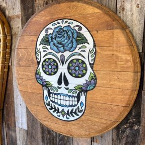Barnwood Wine Barrel Top with Sugar Skull Art - 22"
